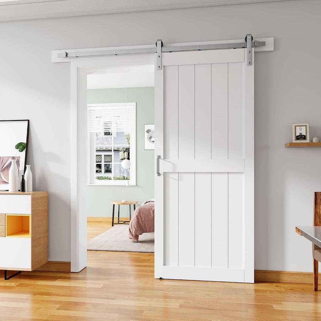 36''x84'' Sliding Barn Door with 6.6 Ft Brushed Nickel Hardware Kit& Handle& Floor Guides,Pre-Drilled Holes Easy Assembly - Include Installation Manual, Water-Proof PVC Surface, H-Frame