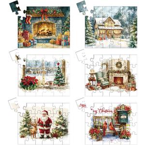 Halloscume 6 Pack 144 Large Piece Christmas Dementia Puzzle for Seniors Santa Claus Snow Cabin Fireplace Memory Paper Jigsaw Puzzles Game for Elderly Adults