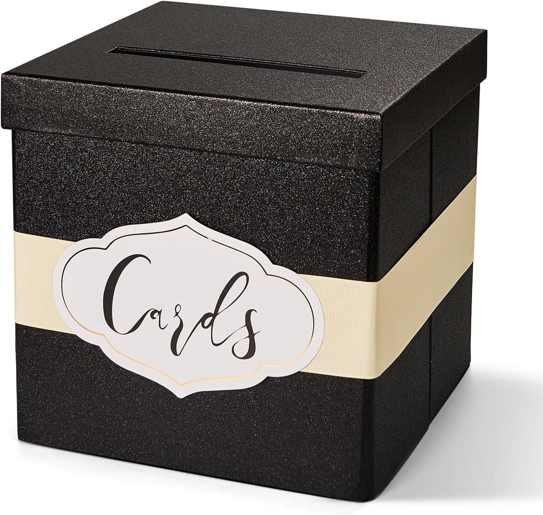 PAPER FAIR Black Glitter Gift Card Box for Reception, Large 10'' with Ribbon, Personalized Card labels, Wedding, Christmas, Birthday, Graduation, Bridal Baby Shower Money Box Party Supply Decor