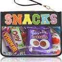 Snacks Bag Clear Chenille Varsity Letter Zipper Pouch Travel Makeup Bag Aesthetic Storage Organizer Pouches for Women with Glitter Patch Letters (Black-Snacks)
