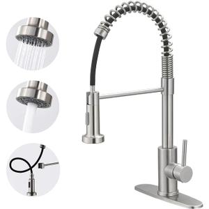 VOTON Kitchen Faucets with Pull Out Sprayer Commercial Spring Sink Faucet Stainless Steel Brushed Nickel Pull Down Single Handle Farmhouse faucets with Deck Plate for Camper Laundry Utility Rv Wet Bar