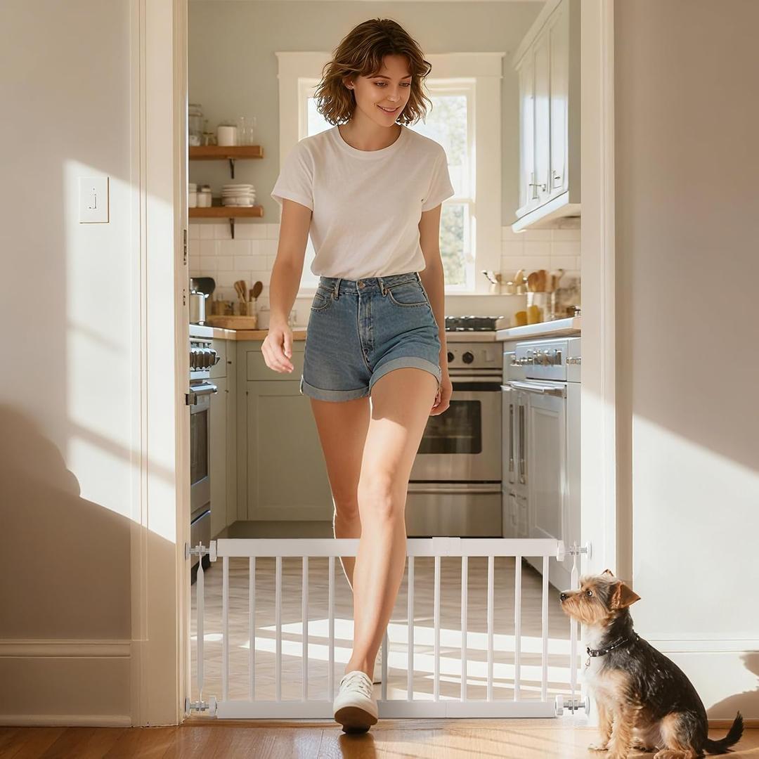 Short Dog Gate,18"-45" Adjustable Extra Wide Metal Short Dog Gate to Step Over, 18" Tall Small Pet Gate with 3 Extension Kits (White)