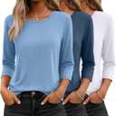Ficerd 3 Pack 3/4 Sleeve Tops for Women Round Neck Dressy Basics Tees Casual Trendy Loose Fit T Shirts, Large