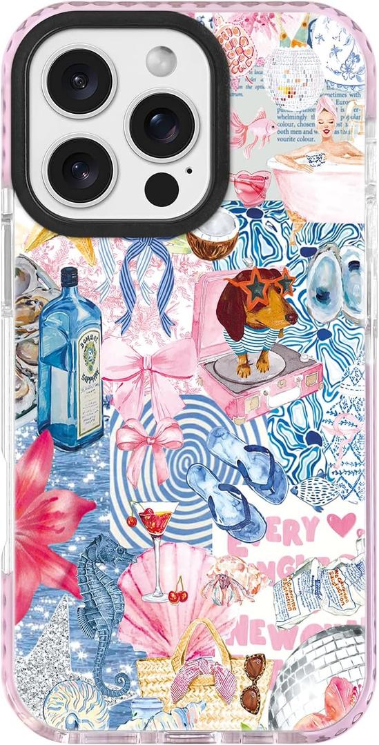ChiCsFleur for iPhone 16 Case, TPU Phone case with Camera Protection for Women Girls Teens - Coquette Collage Bow Ginger Dog Wine Disco Ball Pink Blue Beach Y2K Sorority Aesthetic Unique (WhisperOcean)