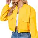 Zando Bomber Jacket Women 2025 - Short Cropped Jacket Women Button Down Long Sleeve Casual Varsity Jackets with Pockets (Medium, Yellow)
