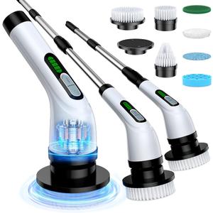 Electric Spin Scrubber, 2-Speed Cleaning Brush, Extendable Handle (White) | Includes 7 reusable brush heads and an IPX7-rated design for cleaning bathrooms, showers, kitchens, tile, floors, and grout