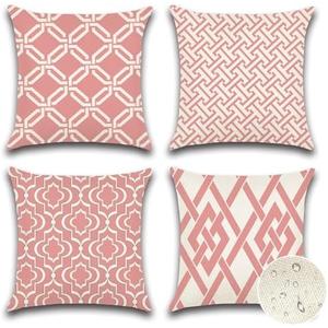 OTOSTAR Set of 4 Waterproof Throw Pillow Covers 18x18 Inch Farmhouse Geometric Square Pillow Cases for Couch Patio Furniture Balcony Garden Outdoor Decoration（Geometry40-Pink）Pack of 2