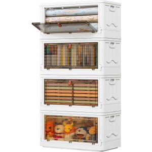 4 Tier Storage Bins with Lids 102QT - Stackable Containers with Wheels, Folding Boxes, Set of 25 (White)