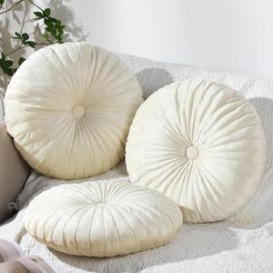 Namalu 3 Pcs Round Throw Pillow 13.8 Inch Decorative Round Velvet Floor Pillows Pumpkin Throw Pillows with Center Button for Thanksgiving Home Decor Living Room Sofa Couch Bed Chair (Beige)