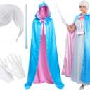 4 Pcs Adult Fairy Cosplay Princess Costume with Hooded Cloak Cape Wig Lighted Magic Wand Gloves Dress Up Party