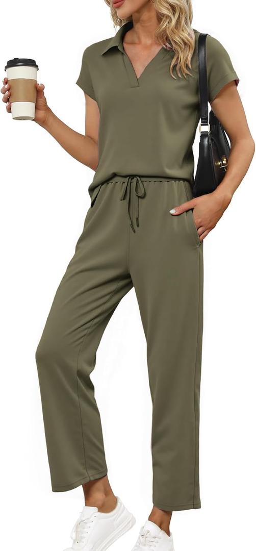 Glamaker Womens 2 Piece Summer Outfit Lounge Set Cap Sleeve Polo Top And Pant Set Tracksuit Travel Matching Outfit 2025 (X-Large, Army Green)