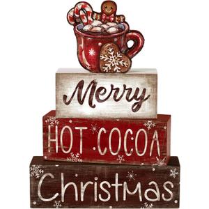 DIYDEC 4Pcs Christmas Wooden Tabletop Decoration Hot Cocoa Wooden Block Signs Gift Rustic Xmas Tiered Tray Decor Merry Christmas Centerpiece Sign Farmhouse Winter Table Home Party Decor