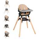 High Chair, 6 in 1 Wooden Convertible High Chairs for Babies and Toddlers, Booster Seat with Double Tray & Reversible Footrest Baby Highchair, 5-Point Harness Baby Feeding Chair, Black