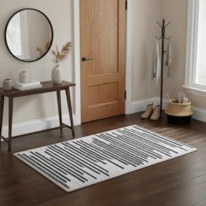 GarveeHome Beige Black 2x3 Washable Area Rug for Entryway: Modern Striped Washable Entryway Area Rug Striped Modern Non Slip Low Pile Doormat for Kitchen Soft Stain-Resistant Doormat.