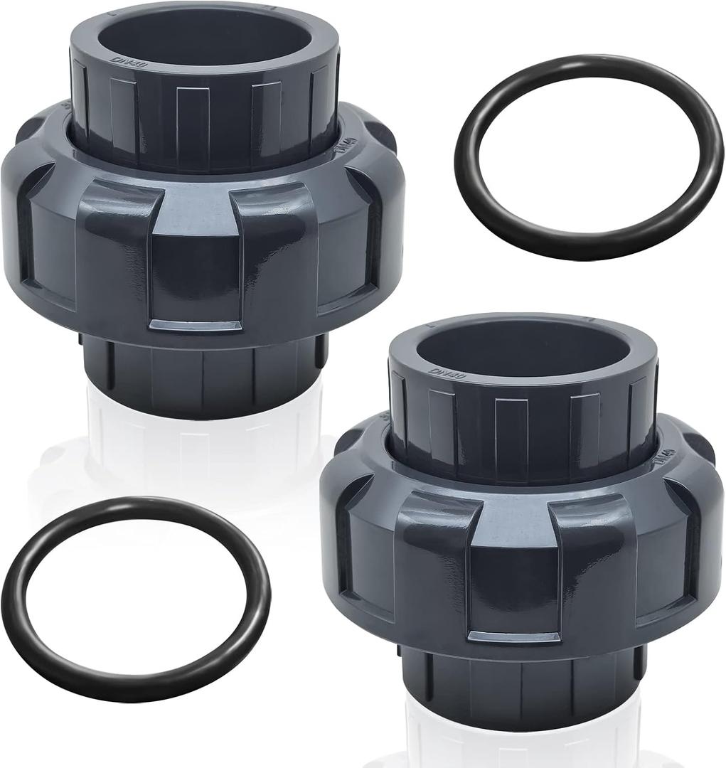 PVC Union Pipe Fittings, 2Pcs 1-1/2inch Slip Union Coupling Adapter, Schedule 80, EPDM O-ring, Socket x Socket, Grey