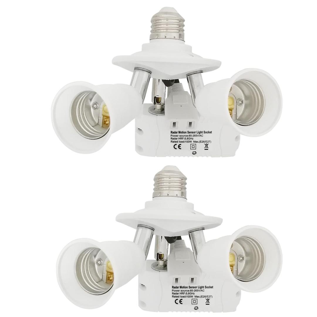 Radar Motion Activated Light Sockets,2 in 1 E26/E27 Dual Light Bulb Socket,Dusk to Dawn Sensor Bulb Adapter Outdoor Indoor for Porch,Garage,Basement(2 Pack)