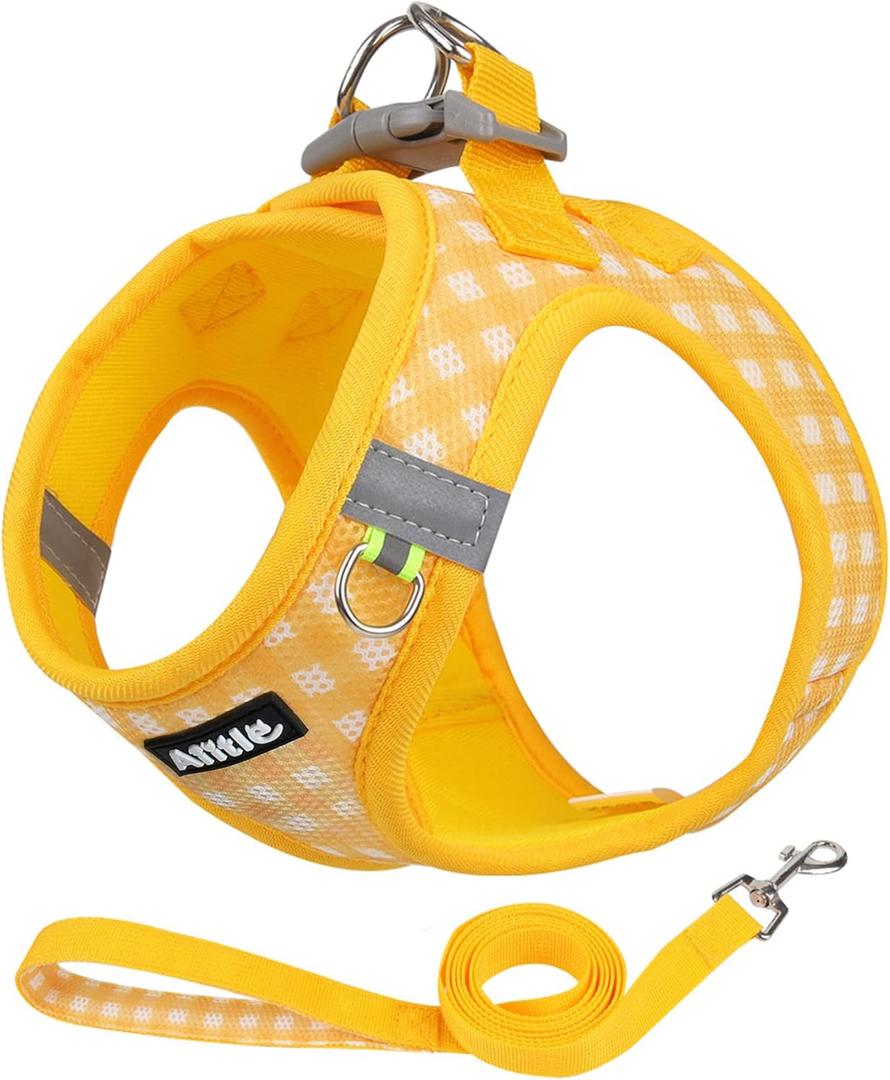 AIITLE No Pull Dog Harness and Leash Set, Step in No Chock Soft Mesh Dog Harnesses Reflective for Extra-Small Puppy Dogs and Cats, Plaid Dog Vest Harness for Pets Yellow , Size XXS