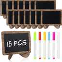 Temlum 15 Pcs Mini Chalkboard Sign with 6 Color Chalk Markers, 2.9 x 3.9 Wooden Blackboard Reusable Small Chalkboards for Food, Buffet, Message Board, Table Number (Rustic Brown)