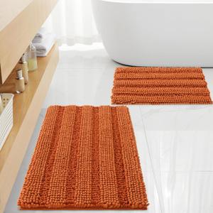 Non Slip Thick Shaggy Chenille Bathroom Rug Sets 2 Piece, Thickened Hot Melt Rubber Bottom Bath Mats for Bathroom, Bath Rugs Quick Dry Machine Washable for Shower (Burnt Orange, 32"x20" Plus 17"x24")