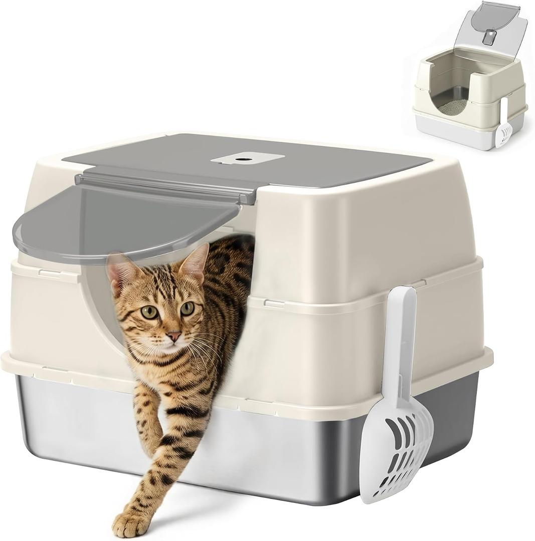 Stainless Steel Enclosed Litter Box with Lid,Covered Litter Box,White
