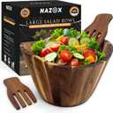 Acacia Wood Salad Bowl Set with Serving Hands, 10 Diameter, 6 Height - Handmade, Large Serving Bowl for Salad, Fruit & Pasta - Durable Natural Brown Serveware Gift, Modern Geometric Design