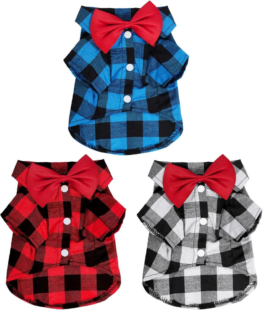 Tongcloud 3 Pack Plaid Puppy Cat Shirt Cute Cat Shirt Dog Shirt for Extra Small Dogs Cats Birthday Party and Holiday Photo (Red, Blue and White)