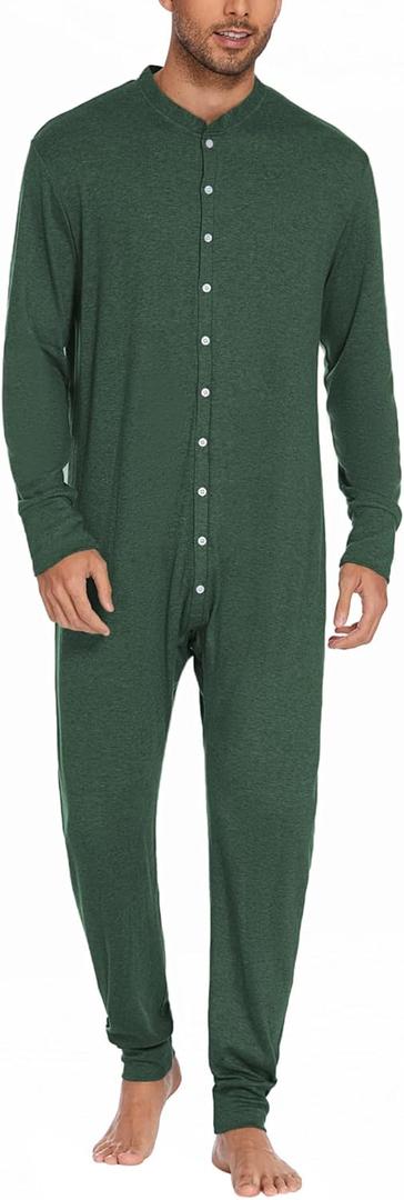 Ekouaer Men's One Piece Pajama Thermal Full Button Union Suit Long Sleeve Onesie with Button Flap S-XXL (Army Green)