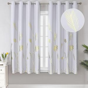 Estelar Textiler Greyish White Curtains for Bedroom 63 Inches Length Thermal Insulated Window Curtain Shades with Gold Wheat and Leaf for Living Room, 52Wx63L, 2 Drapes