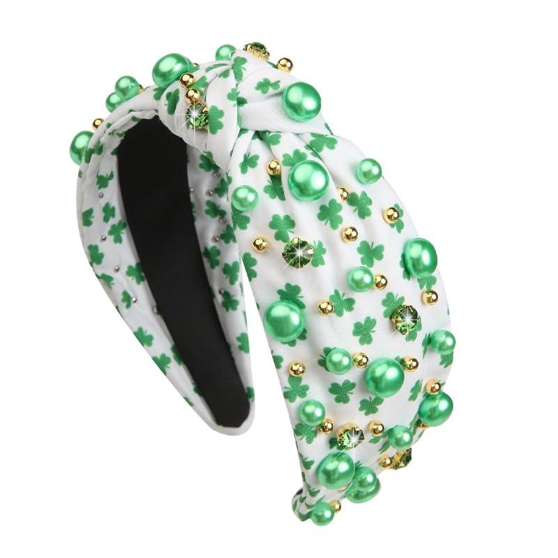 St Patricks Day Headband with Pearl, Shamrock Green Headbands for Women Irish Lucky Clover Hair St Patricks Day Accessories Fit Saint Patricks Day Party