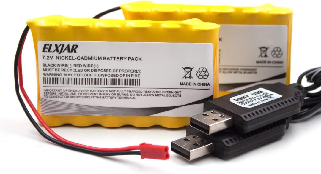 (2-Pack) 7.2V 800mAh AA Ni-CD Rechargeable Battery with USB Charger for TR-211 TR-215 550 15 Channel RC Excavator TEMA1985 KKNY Fisca Fistone with JST Plug