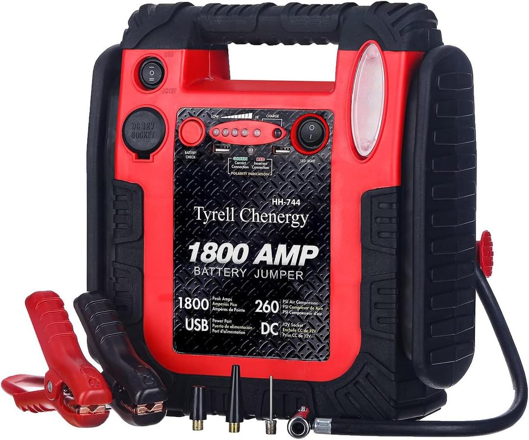 New Upgrade 1800A Car Battery Jump Starter with Air Compressor, 20000mAh 12V Auto Lead-Acid Battery Booste, 260PSI Tire Inflator (Up to 8.0L Gas/Diesel) with LED Light & USB