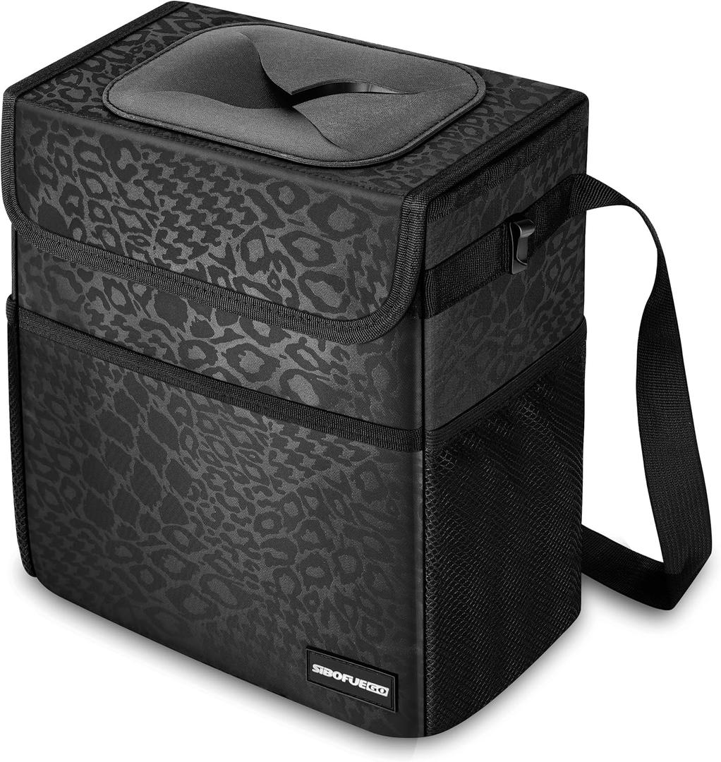 SIBOFUEGO Cute Car Trash Can with Lid  Multipurpose Collapsible Trash Bin for Car, Leak-Proof Organizer, Waterproof Garbage Can with Storage Pockets & Adjustable Straps, 2 Gallons (Black Leopard)
