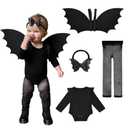 Halloween Toddler Bat Costume for Baby Girl Boy with Black Bat Wing Ruffle Long Sleeve Romper Bodysuit Goth Bow Headband, 90cm(12-18M)