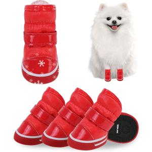 SCENEREAL Fleece Dog Shoes for Winter, Dog Boots & Paw Protectors, Warm Puppy Snow Booties for Small Medium Sized Dogs, Anti-Slip Rubber Sole PU Waterproof Boots for Outdoor Walking, Red Size 3