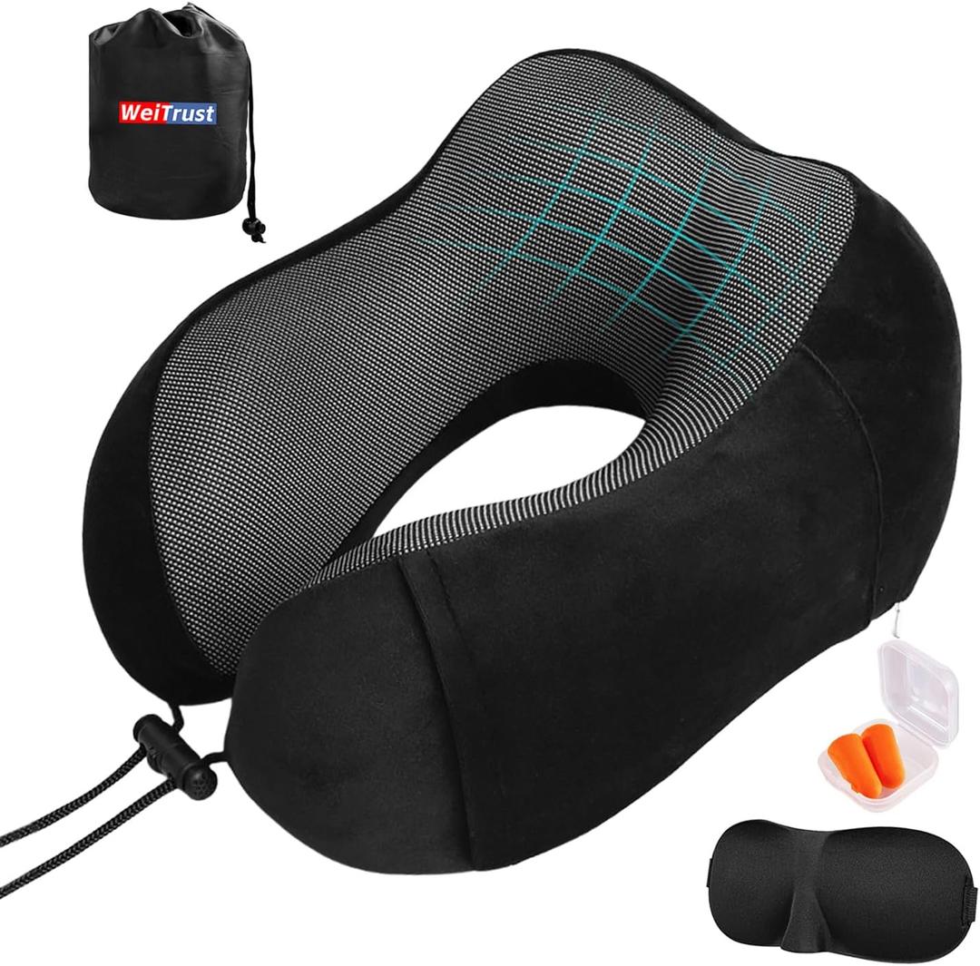 Airplane Pillow, Travel Neck Pillow with Memory Foam - Adjustable Buckle & Machine Washable Cover for Flights, Car, Office - Includes Eye Mask & Ear Plugs(Black) (Black and Gray)
