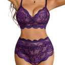 Avidlove Lingerie Set for Women Lace Hight Waisted Bra and Panty Set 2 Piece Sexy Sheer Outfits, Large, Purple