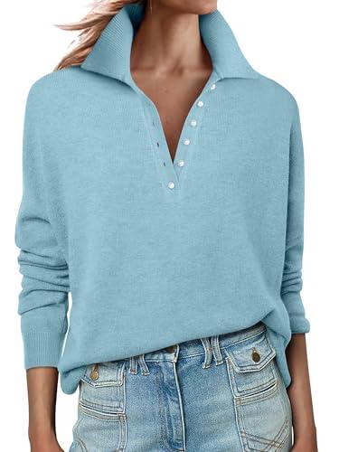 ANRABESS Womens Long Sleeve Polo Sweaters Knit Button Shirt Lightweight Dressy Casual Basic Pullover Tops 2025 Fall Fashion Light Blue Small