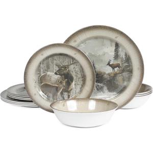 Melamine Dinnerware set for 4 - Dinner Plates Bowls Set 12 PCS Durable BPA Free Dishwasher Safe Shatter-Proof Chip Resistant for Indoor Outdoor, Deer