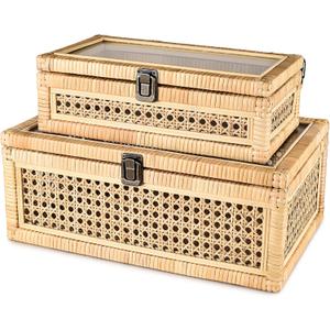 Large Decorative Box Lid Display, Woven Rattan Jewelry Box with Glass Boho Vintage Decor Craft Organizer Rattan