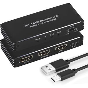8K@60Hz HDMI Splitter 1 in 2 Out, 1x2 HDMI 2.1 Splitter Support 4K@120Hz, 1080P@240Hz VRR HDCP2.3 HDR HDR10 48Gbps EDID Dolby Atmos 7.1ch