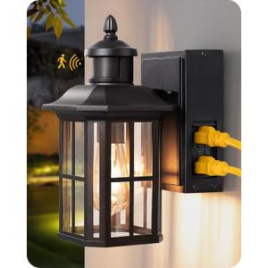 EDISHINE Outdoor Wall Lights with GFCI Outlet, Motion Sensor Porch Light for House, Dusk to Dawn Exterior Lighting Fixtures, Waterproof Outdoor Wall Sconce for Patio Garage, Black