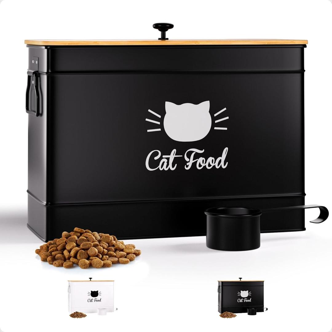 Cat Food Storage Container with Scoop - 15 lb (50 Cup) Capacity Metal Cat Food Container with Airtight Bamboo Lid & Metal Scoop - Airtight Pet Food Storage Containers - 15 lb Treats & Kibble Container (Black)