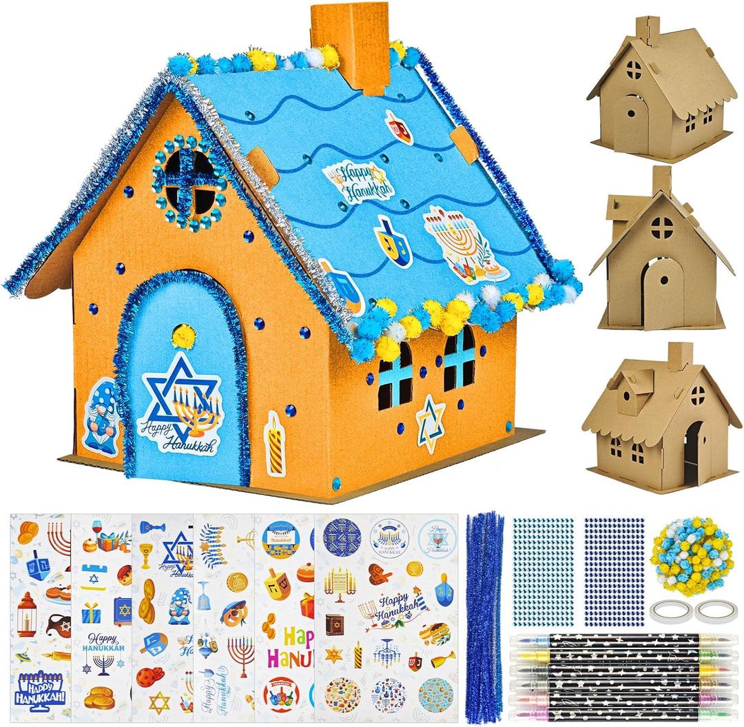 Cinrobiye 6 Set DIY Hanukkah Gingerbread Houses Craft Kits Paint Chanukah Cardboard Houses Box Make You Own 3D Hanukkah House for Home Classroom Winter Holiday Fun Party Game Decorating Art Project