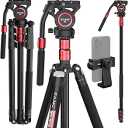 GF4 Fluid Head Tripod with Phone Mount, 78'' Professional Aluminum Heavy Duty Camera Tripod Monopod, Compact Portable Travel Tall Tripod Stand for Canon Nikon DSLR iPhone Camcorder,Max Load 26lb