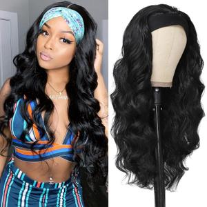Black HeadBand Wigs for Women Long Wavy Headband Wigs 24inch Put On and Go Glueless Half Wig Loose Wave Synthetic Long Wigs for Women 200% Density