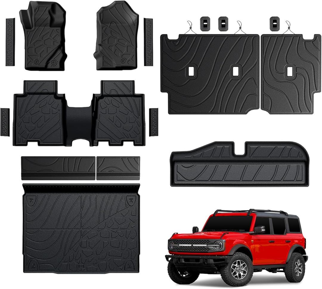 Mabett V2 Full Floor Mat Set for Ford Bronco 2021-2025 4-Door, All-Weather TPE Mat Kit with Door Sill, Seat Back & Trunk Protection, Non-Slip