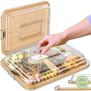 Charcuterie Boards with Foldable Lid, Portable Bamboo Cheese Board with Single Compartments, Clear Locking Lid and Handle, Easy to Store, Suitable for Picnics, Camping, Parties & Holiday Gifts