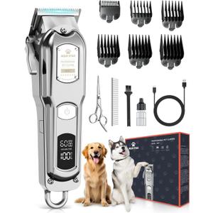 M&M STAR Dog Clippers for Grooming Thick Heavy Coats, All-Metal Body Low Noise Cordless Rechargeable Dog Hair Trimmer, Stainless Steel Blade, Professional Pet Grooming Kit for Dogs & Cats (Silver)