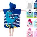Hooded Kids Beach Towels - Toddler Bath Towel Girls Boys Swim Cover-ups for Ages 4 to 10 Kids Pool Towels Quick Dry Lightweight Soft Microfiber Poncho 30x30 with Bag (Navy Dinosaur)