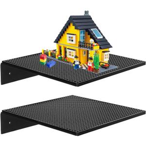 2 Pack Display Shelves for Building Bricks, Display Case Compatible with All Toy Block Brands -Acrylic Floating Shelf Display with Brick Building Baseplate, Figure Display Cabinet Wall Mount (Black)